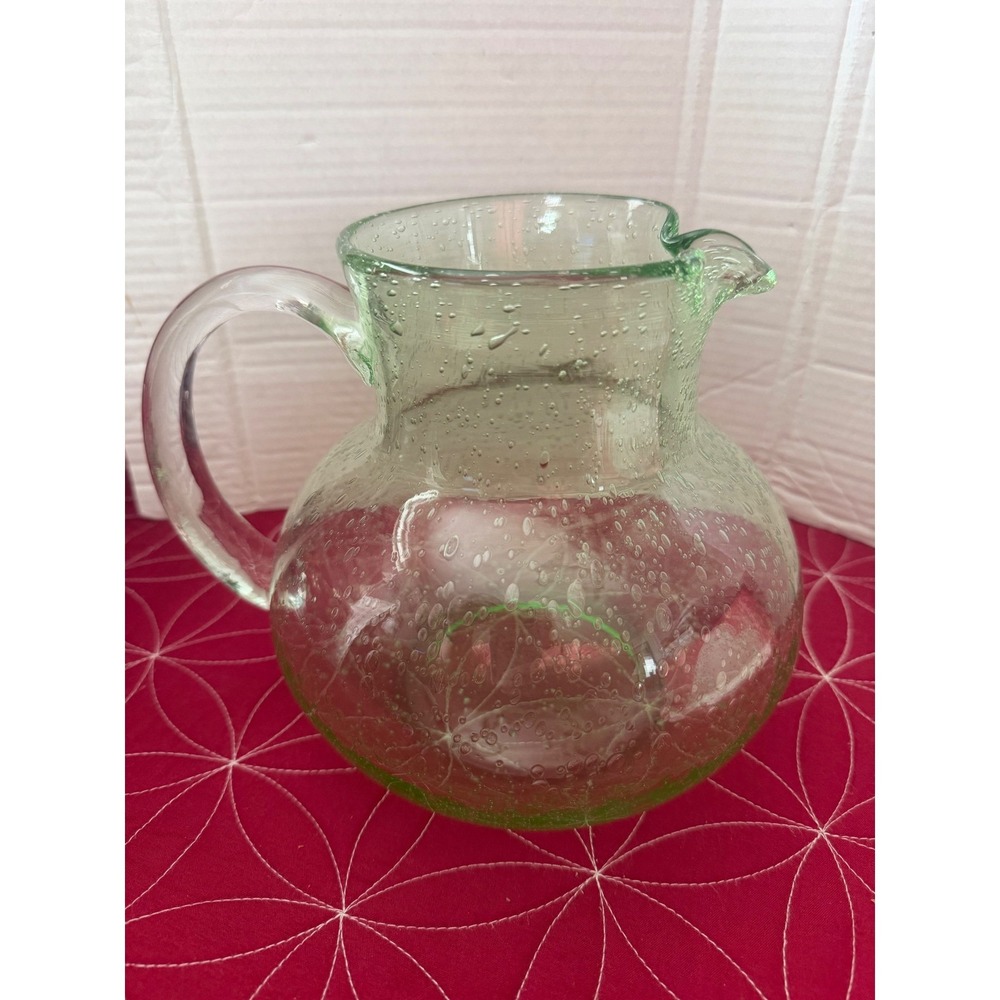 Vtg Hand Blown Light Green Seeded Bubble Glass Pitcher Round Belly Water Carafe